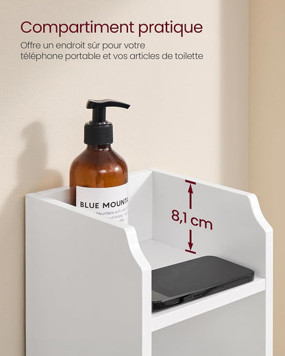 Meuble De Salle De Bain, Armoire D’Angle Avec Porte Et Étagères, Organisateur De Rangement, Meuble Étroit Pour Papier Toilette, Étagères Réglables, 20 X 18 X 80 Cm, Blanc Nuage BBC310W01