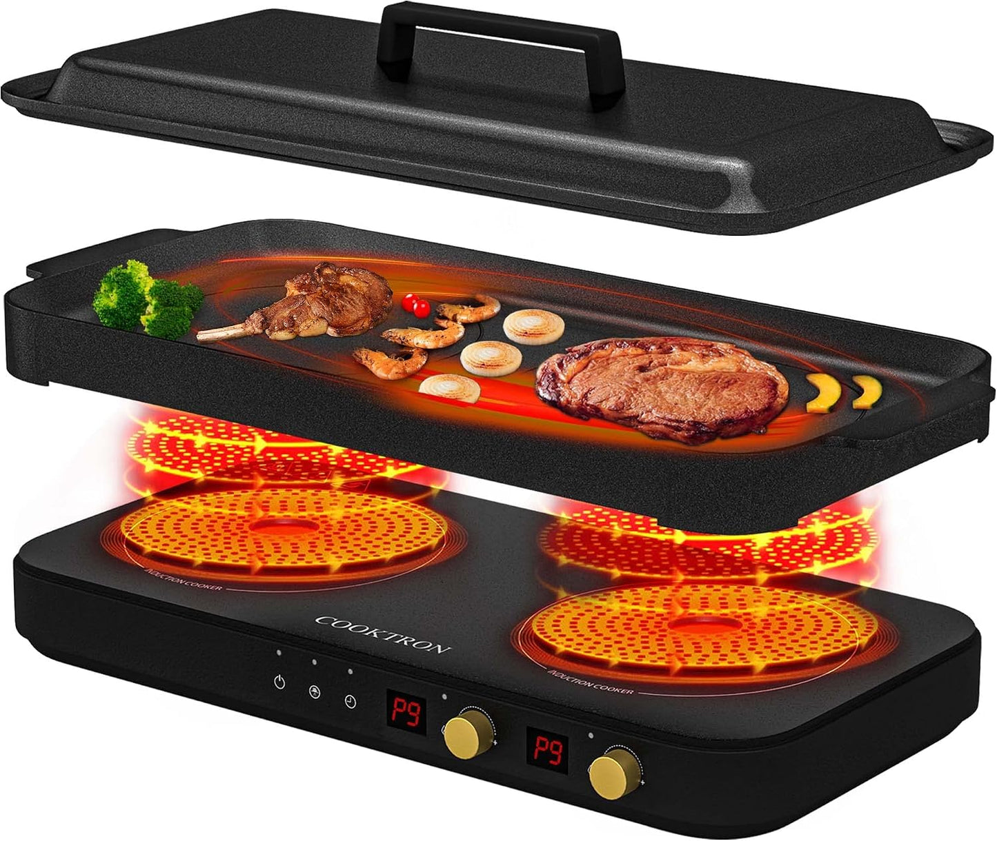 Double Plaque De Cuisson À Induction Avec Poêle En Fonte Amovible Antiadhésive 1800 W 2 Brûleurs Portable Avec Capteur Tactile 9 Niveaux De Puissance, Minuterie De 99 Min, Convient Pour