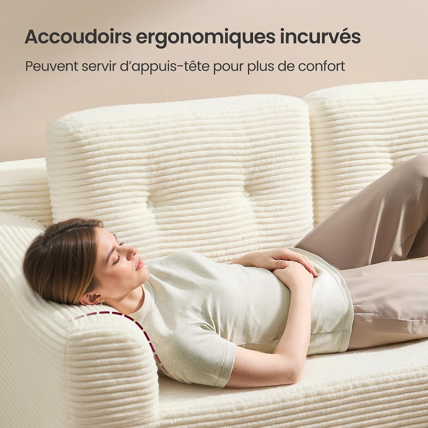 Canapé D’Angle, Canapé Modulable 244 Cm, Livré Compressé En Colis, Sans Montage, Avec Grande Méridienne À Droite, Pour Salon, Chambre D’Amis, Blanc Crème LCS184WD01