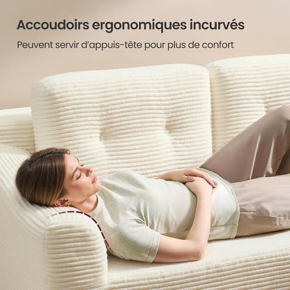 Canapé D’Angle, Canapé Modulable 244 Cm, Livré Compressé En Colis, Sans Montage, Avec Grande Méridienne À Droite, Pour Salon, Chambre D’Amis, Blanc Crème LCS184WD01