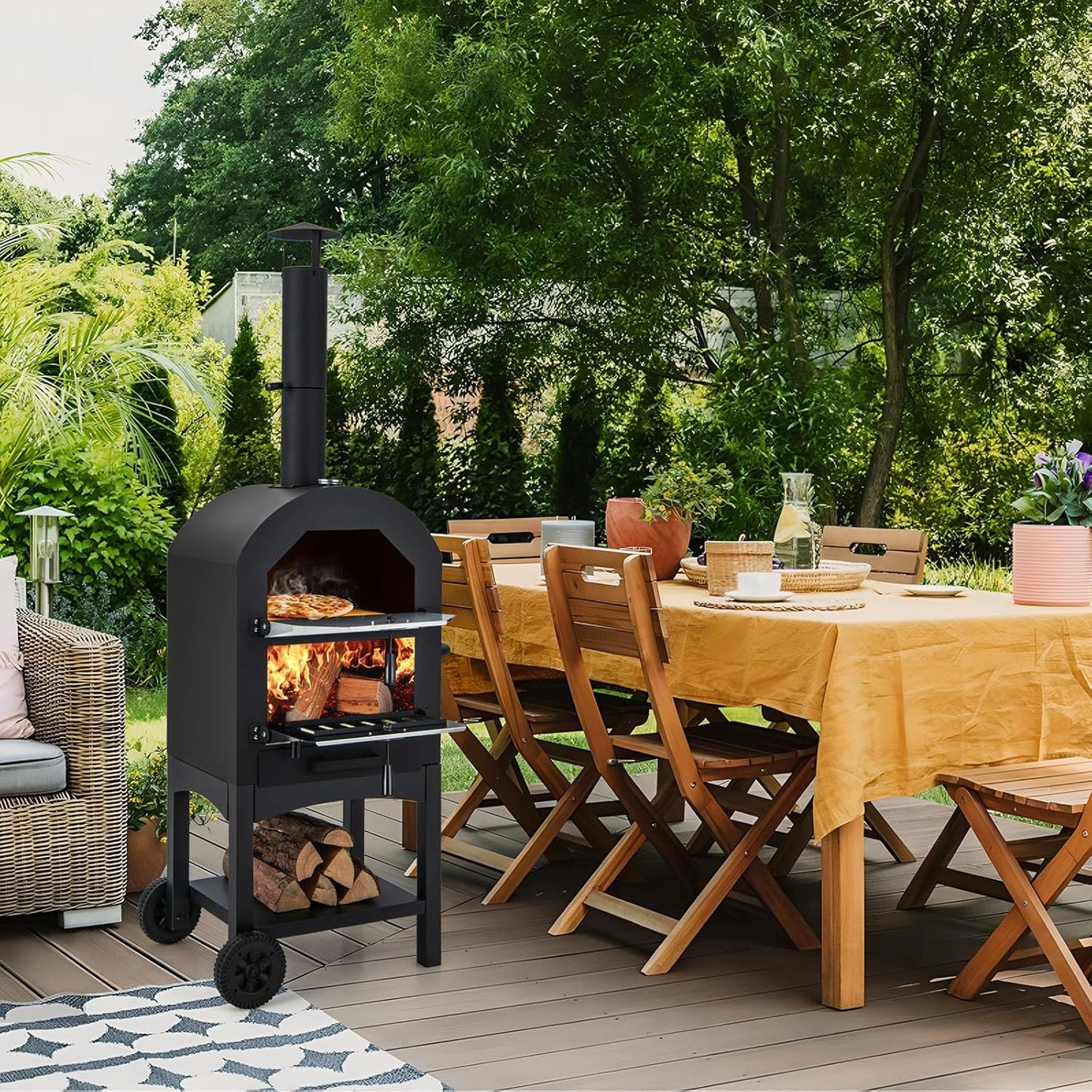 Four À Pizza 2 En 1 D'Extérieur Avec Pelle À Pizza, Grilles, Thermomètre Et Couvercle Étanche, Avec Poignée, Roues Pour Fête, Camping, Pique-Nique, Barbecue