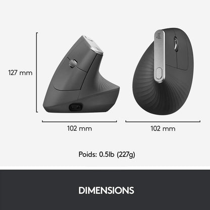 MX Vertical Souris Ergonomique Sans Fil | Multi-Dispositifs, Bluetooth/2,4 Ghz, Récepteur USB Unifying, 4000 PPP, 4 Boutons, Charge Rapide, Pc/Mac/Ipad OS - Graphite