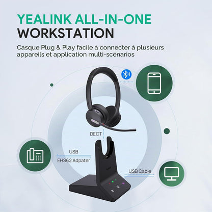 WH64 Casque Sans Fil DECT & Bluetooth, Casque Avec Microphone | Mono,Certifié Teams,185M Portée,3 Micros Antibruit,26H Conversation,Casque Pour Téléphone Ip,Pc,Laptop