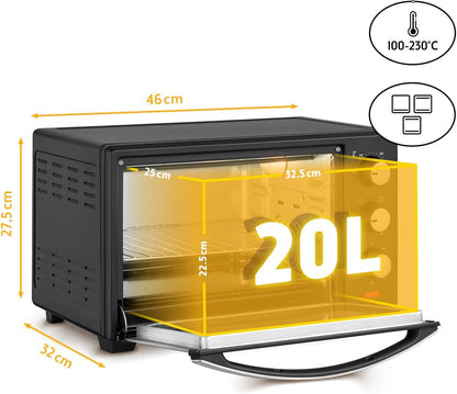 TZS First Austria Mini Four Electrique 20L, Four À Convection 1380W, Avec Minuteur 0-60 Min, Grille Et Plaque De Four, Double Vitrage, Rôtissoire, Max 230°C, Noir