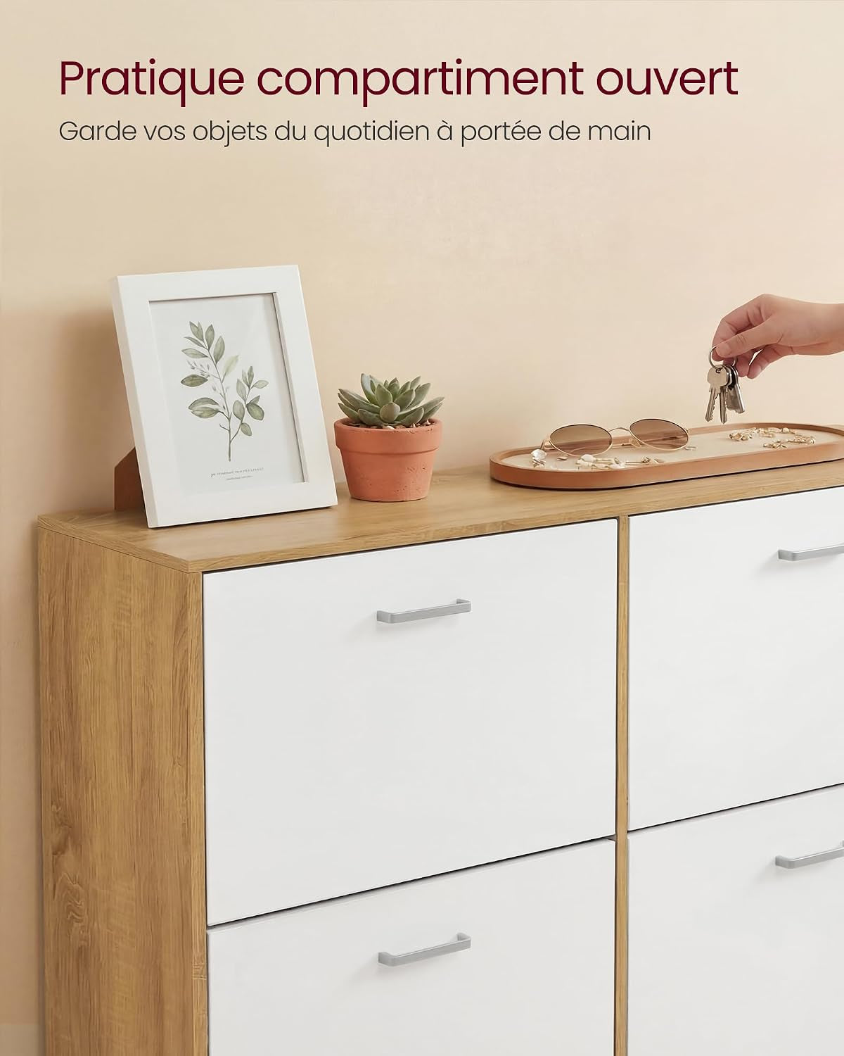 Custos Collection - Meuble À Chaussures À 3 Abattants, Placard De Rangement À 3 Niveaux, 3 Compartiments, Pour Entrée, Salon, Chambre, Doré Chêne LBC035YA01