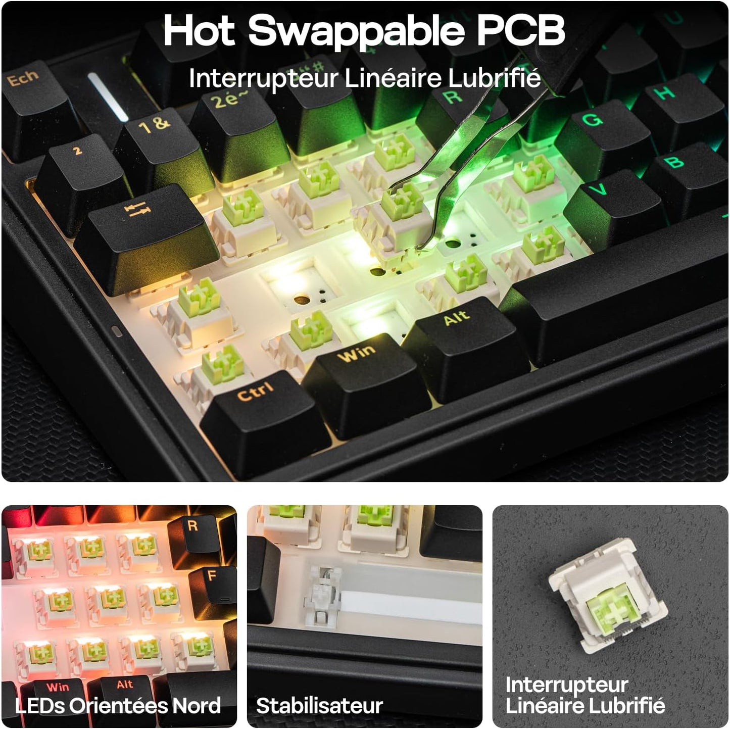 Aula F75 ISO-FR Clavier Mécanique Sans Fil AZERTY 75% | Clavier Gaming Français Avec Bouton Rotatif, RVB, Hot-Swap, Montage Gasket, Son Crémeux, Bt/2.4Ghz/Filaire