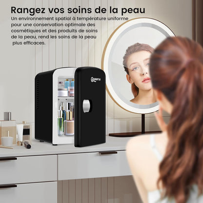 Mini Frigo Portable 4L, Mini Réfrigérateur Cosmétique, Mini Glacière Électrique, Fonction Froid/Chaud, Avec Câble AC 220V/ DC 12V Pour Voiture, Bureau, Chambre (Noir)