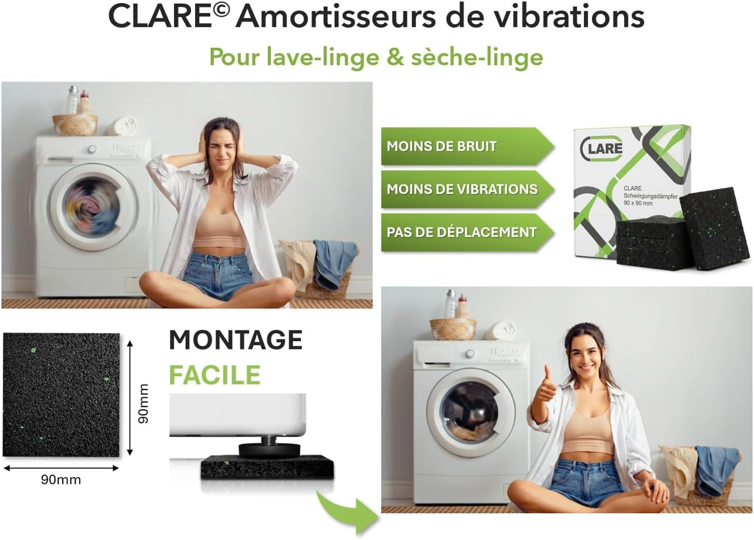 Tapis anti Vibration Machine À Laver Et Pieds Antivibrants | Stabilisateur Machine À Laver | Réduit Bruit Et Vibrations | Patins Antidérapants Haute Qualité | Lot De 4 Pièces