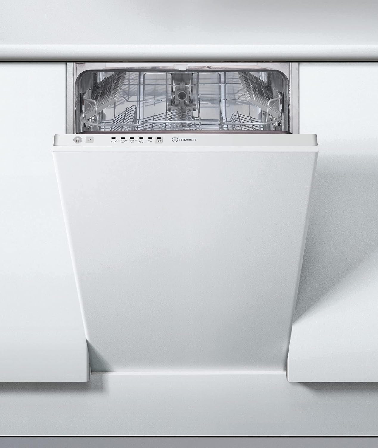 Indesit DSIE 2B10 Lave-Vaisselle Entièrement Intégré 10 Places A+ - Lave-Vaisselles (Entièrement Intégré, Blanc, Compact (45 Cm), Noir, Blanc, Boutons, Tactil, 1,3 M)