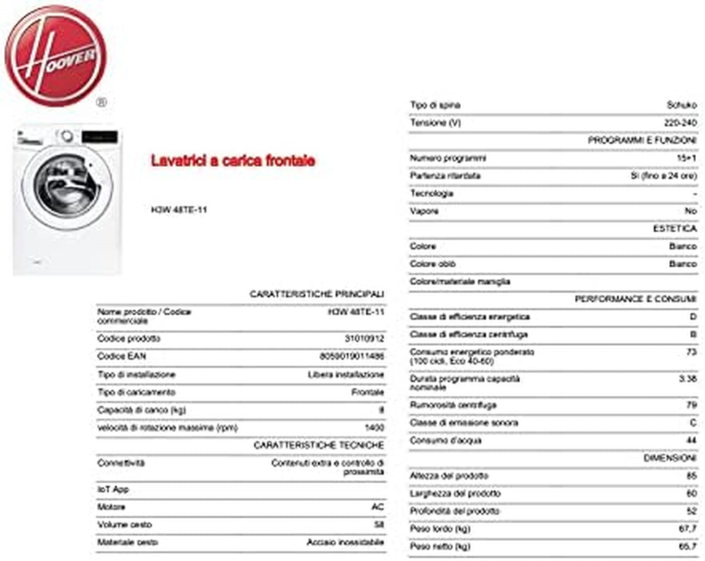 H3W 48TE-11 H-WASH 300 LITE Machine À Laver 8 Kg, 1400 Tr/Min, Connectivité NFC, Chargement Frontal, Autonome, 85-52-60 Cm, Blanc, Classe D