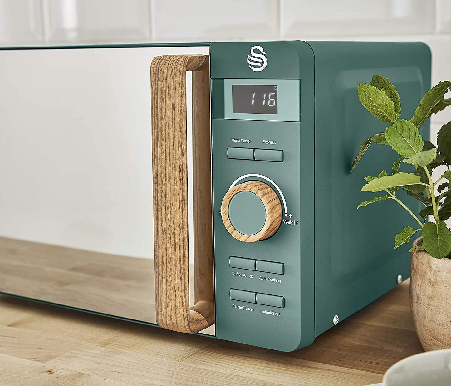 Nordic Micro-Ondes Numérique 20 L, 6 Niveaux De Fonctionnement, 800 W De Puissance, Minuterie 30 Min, Nettoyage Facile, Mode Dégivrage, Design Moderne, Poignée Effet Bois, Vert Mat