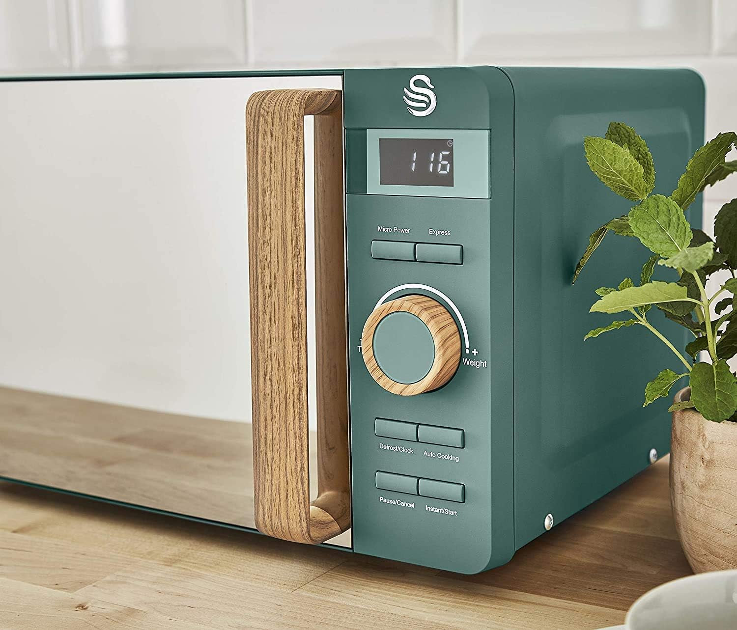 Nordic Micro-Ondes Numérique 20 L, 6 Niveaux De Fonctionnement, 800 W De Puissance, Minuterie 30 Min, Nettoyage Facile, Mode Dégivrage, Design Moderne, Poignée Effet Bois, Vert Mat