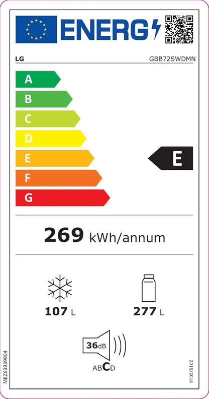 GBB72SWDMN Réfrigérateur Combi No Frost 203 Cm Avec Congélateur, Compresseur Smart Inverter, 384 Litres Blanc