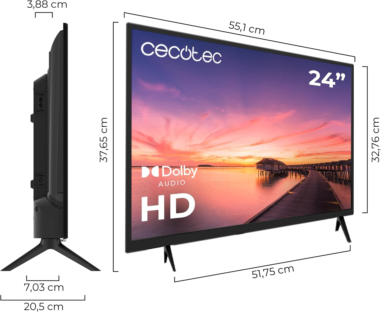 Téléviseur TV 0 Series 0024, Écran 24 Pouces, HD, Résolution Images Et Vidéos Optimale, Système Dolby, Mémoire Flash, Connectivité Avec 3 Ports HDMI Et 1 Port USB, Télécommande, Classe E