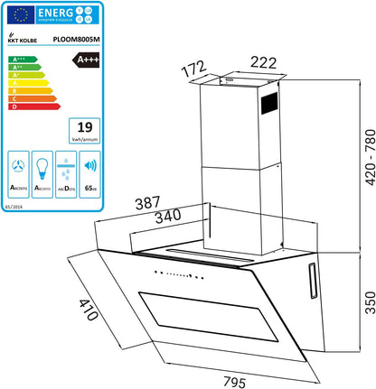 A+++ Hotte Aspirante 80 Cm 782 M³/H Drain Uringang Capot Mural Sans Tête | Miroir En Verre Noir | Démarrage Différé | Smart Wifi App Wi-Fi | Sensortouch | Éclairage LED RGBW | PLOOM8005M