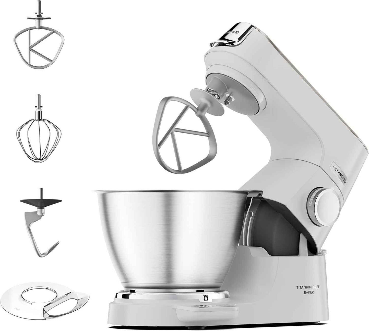 Kenwood Titanium Chef Baker KVC65.001WH, Robot Patissier Avec Balance Intégrée, Incl. Ensemble Pâtisserie 3 Pièces, Spatule & Protection Éclaboussures, 1200W, Blanc