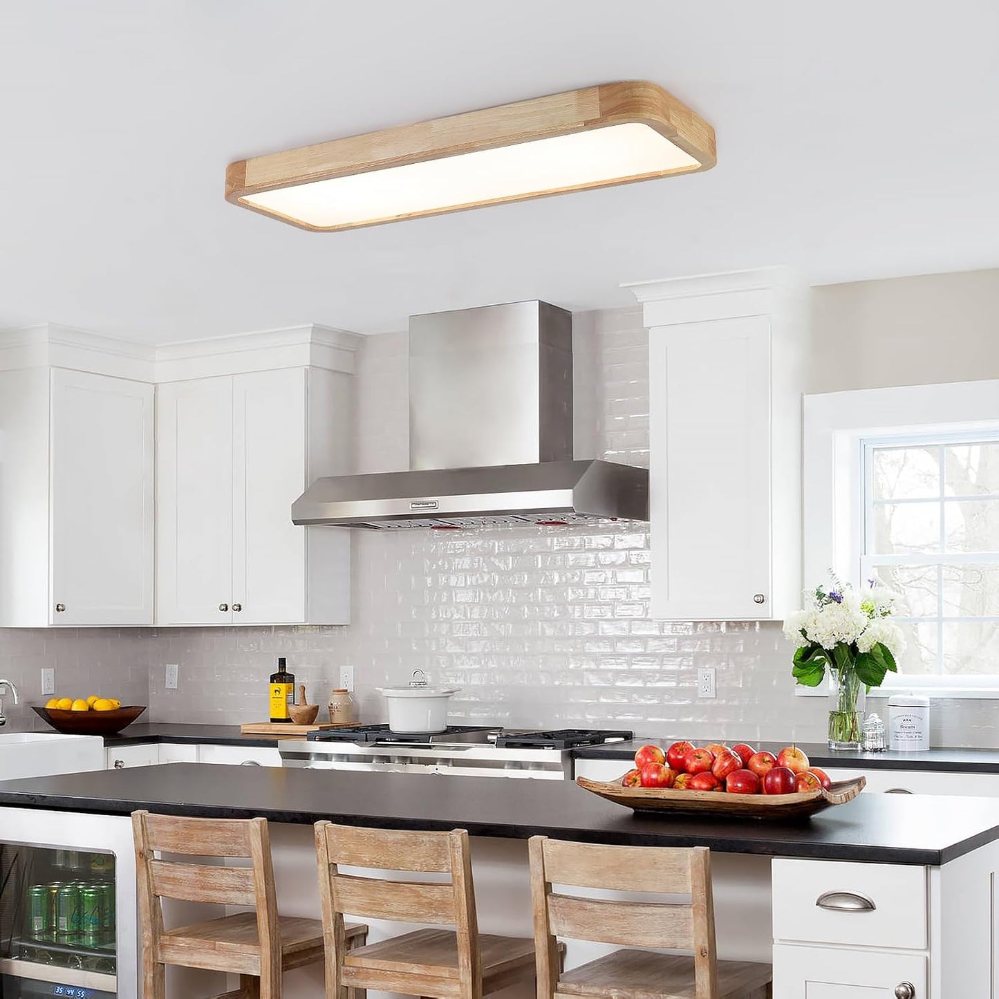Bois Plafonnier Led,Chambre Luminaires Intérieur 80 * 30Cm Carré Cuisine Lampe 36W Contrôle Dimmable Grand Luminaire Plafonnier Pour Salon Atelier