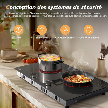 Plaque Vitrocéramique Portable 2 Feux Avec Prise | Plaque De Cuisson Electrique Deux Feux, Minuterie De 4 Heures, Commande Par Bouton, Sécurité Enfant, 3200W, 220V