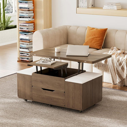 Table Basse Relevable En Bois Avec 4 Chaises Cachées Moelleuses, Tournante Hydraulique, Mode Bureau Salle À Manger, Rangement Intégré, Meuble Moderne Multi-Fonction Noir Noyer