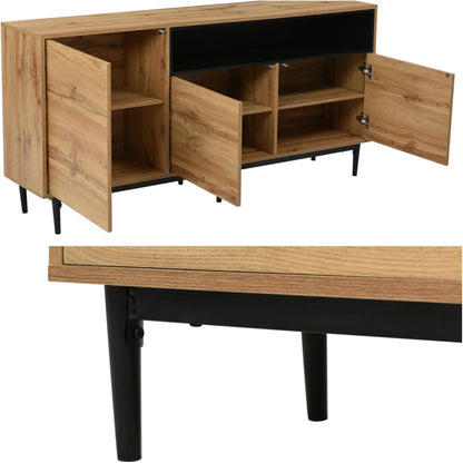 Buffet Moderne En Grain De Bois, Armoire De Rangement À 3 Portes Et Compartiment Ouvert, Noir, Multifonction Pour Salon, Chambre À Coucher, Cuisine (Naturel-C)