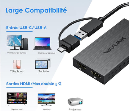 Adaptateur USB 3.1/USB C Vers HDMI Double, Displaylink Dual 4K@60Hz Monitor Hub, Compatible Macbook M1/M2/M3/M4, New Macbook Neo, Windows