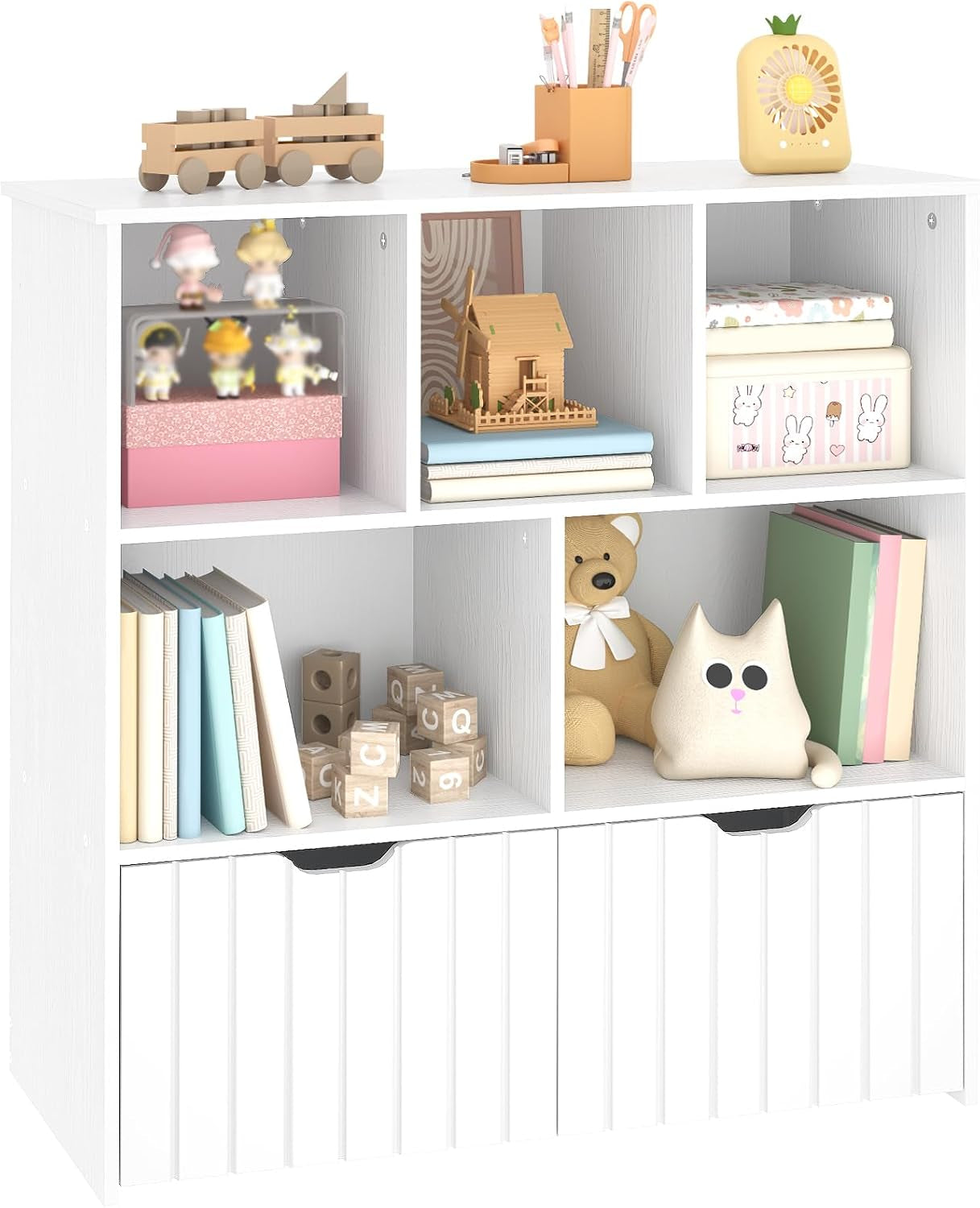 Étagère À Jouets, Bibliothèque Avec 2 Tiroirs Mobiles Indépendants Et 5 Compartiments De Stockage, Meuble De Rangement Multifonctionnel, Pour Salon, Chambre, Salle De Jeux, Blanc EWT88CW01