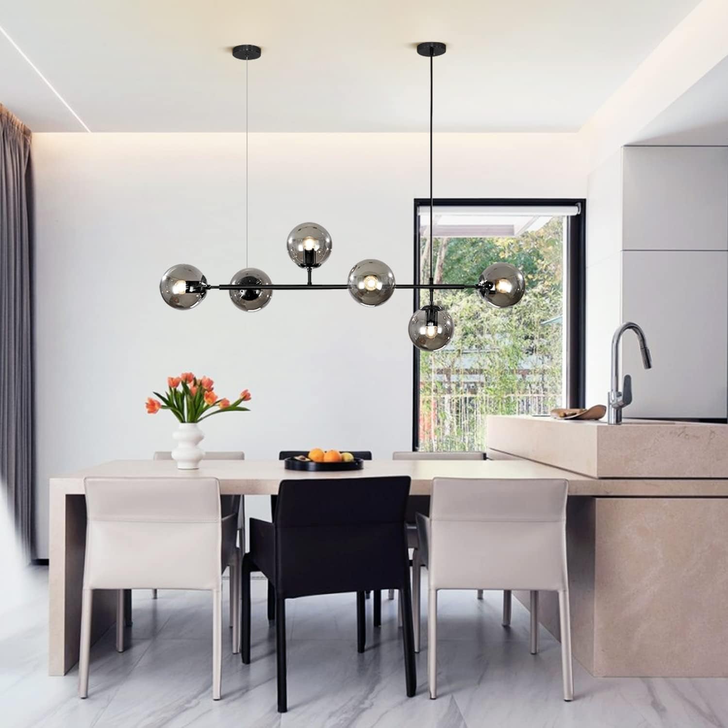 Lighting Lustre De Salon Moderne Noir Avec 6 Lumières, Globes En Verre Gris Fumé Luminaire De Cuisine Suspendu Pour L'Îlot De Cuisine, La Salle À Manger, Le Salon