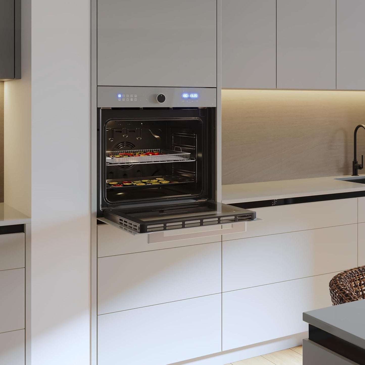 Four Encastrable Multifonction 60 Cm Bolero Hexa AF316000 Glass Grey A. 3400W, 81L, 11 Fonctions Avec Airfryer Master, Pizza Master, Steam Asisst, Steam Easyclean, Cuisson 3D, Décongélation