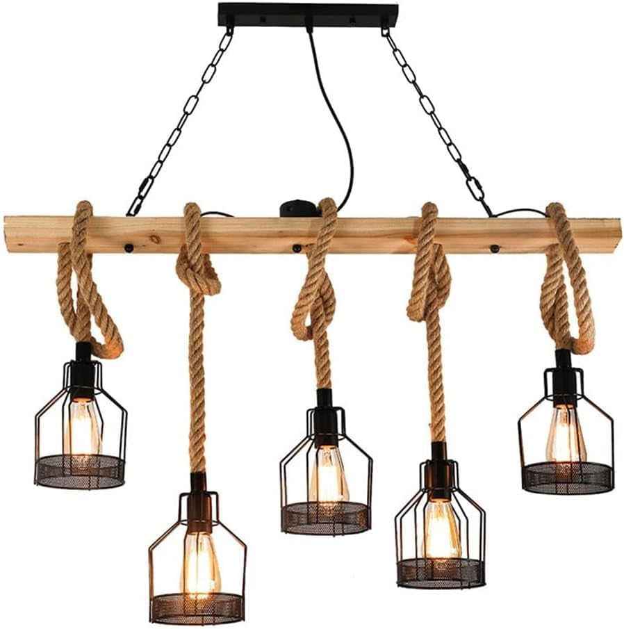 Lampe À Suspension Îlot De Cuisine, Luminaires De Cuisine, Lustre Rustique Salle À Manger Avec 5 Douilles E27, Lustre Poutre Métal Et Bois, Plafonnier Suspendus Au Plafond