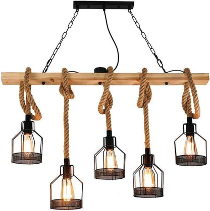 Lampe À Suspension Îlot De Cuisine, Luminaires De Cuisine, Lustre Rustique Salle À Manger Avec 5 Douilles E27, Lustre Poutre Métal Et Bois, Plafonnier Suspendus Au Plafond