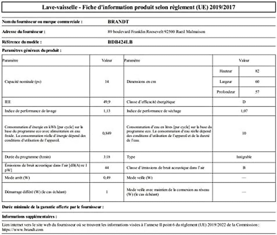 LAVE-VAISSELLE INT�GRABLE 14 COUVERTS 44Db CLASSE D BANDEAU NOIR