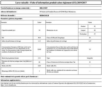 LAVE-VAISSELLE INT�GRABLE 14 COUVERTS 44Db CLASSE D BANDEAU NOIR