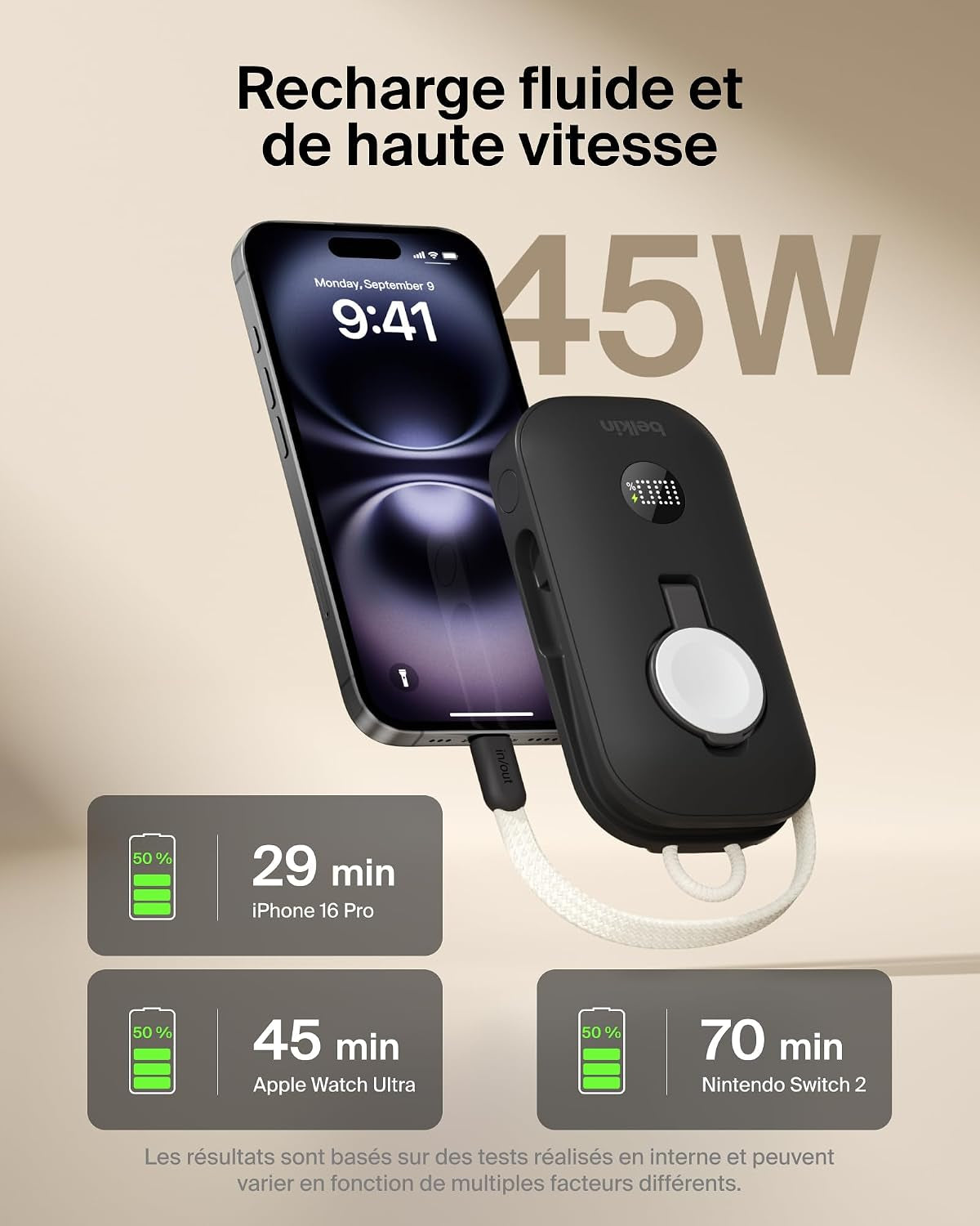 Belkin Boostcharge Pro Batterie Externe 10000Mah Avec Module De Recharge Apple Watch, Chargeur Portable, Câble USB-C À Gaine Tressée Intégré, Écran Numérique, 45W, Recharge De 3 Appareils, Noir