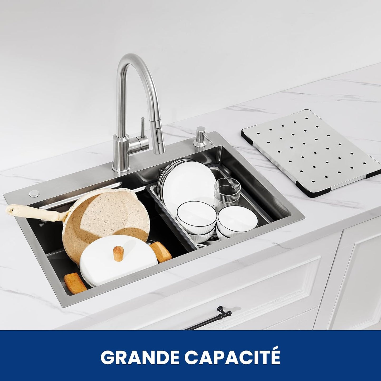Évier Cuisine Multifonction 70X45 CM, Pour Plan De Travail 80Cm+ | Polyvalent Pour Évier Avec Égouttoir/Planche Découper/Distributeur Savon, Résistant Usure/Corrosion, Facile Nettoyage, Inox