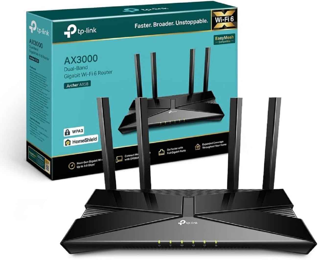 Archer AX58 Routeur Wifi 6, Routeur Wifi AX 3000 Mbps Bi-Bande, 5 Ports Gigabit, 4 Antennes À Haute Performance, WPA3, Contrôle Parental, Easymesh, Antivirus Intégré