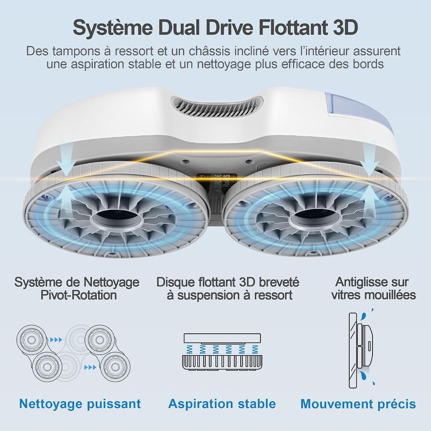S7 plus Robot Nettoyeur De Vitre Avec Alimentation Portable, Robot Lave Vitre Sans Fil Avec Gicler L'Eau Automatique, Tampons Dual Moteur Flottant 3D, Protection Multiples, Télécommande