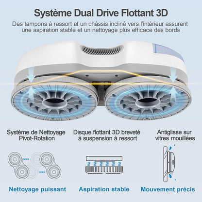 S7 plus Robot Nettoyeur De Vitre Avec Alimentation Portable, Robot Lave Vitre Sans Fil Avec Gicler L'Eau Automatique, Tampons Dual Moteur Flottant 3D, Protection Multiples, Télécommande