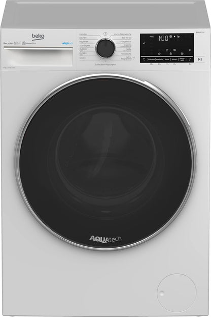 Beko B5WFU58418W Machine À Laver Automatique Avec Indicateur De Temps Restant Et Essorage 8Kg 1400 Tr/Min Bluetooth Fonction Vapeur Hygiénique + Hypoallergénique Lavage Rapide Avec Aquatech Blanc