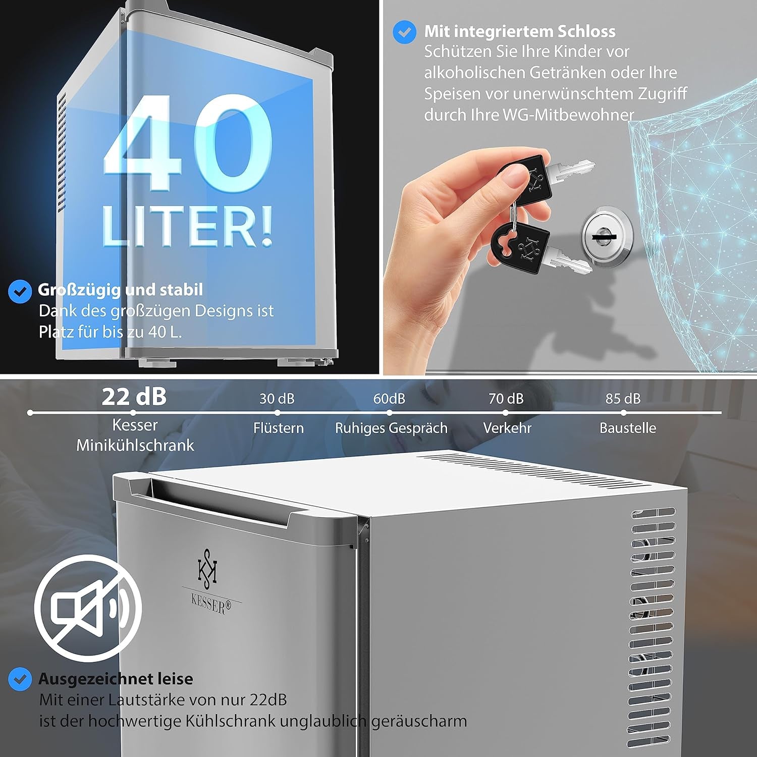 KESSER® Mini Réfrigérateur Avec Serrure, Mini Bar De 40 L, Silencieux, 22 DB, Verrouillable, Chambre À Coucher, Butée De Porte Amovible, Env. 4 À 16 °C, Hauteur 57 Cm, Éclairage Intérieur