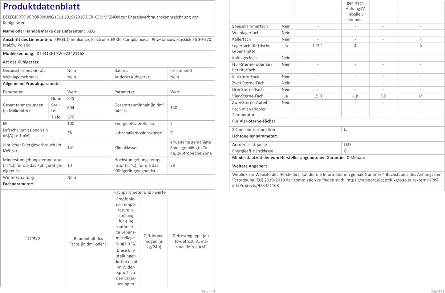 RTB413E1AW Réfrigérateur De Table Autonome / 850 Mm/Congélateur 3 Étoiles / 130 L/E