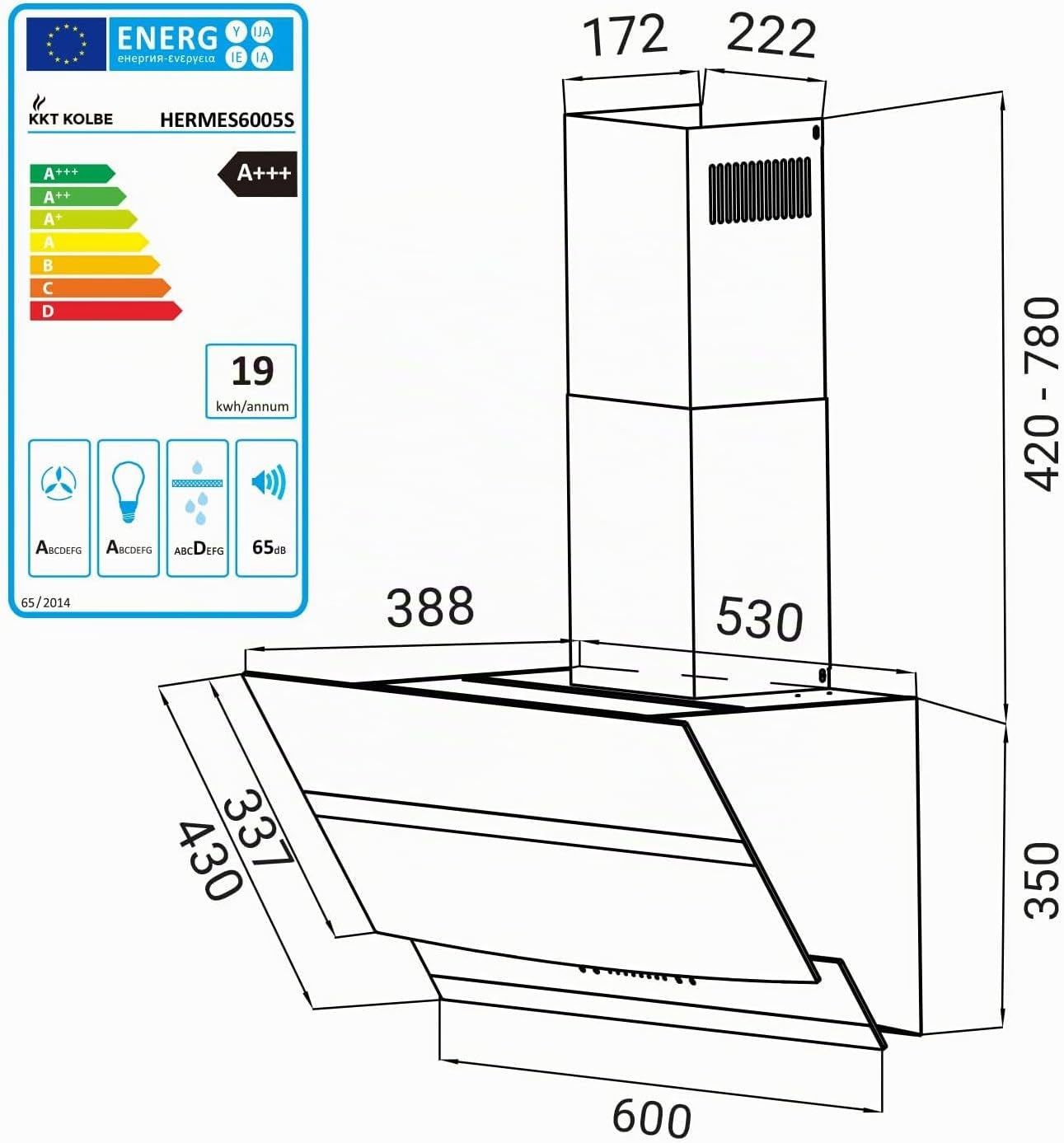 Hotte Aspirante Cuisine 60 Cm | Hotte Murale Inclinées | Acier Inoxydable | Verre Noir | Arrête Automatiquement | Opération Tactile | HERMES6005S