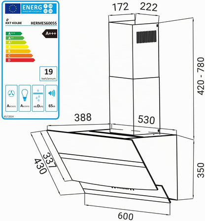 Hotte Aspirante Cuisine 60 Cm | Hotte Murale Inclinées | Acier Inoxydable | Verre Noir | Arrête Automatiquement | Opération Tactile | HERMES6005S