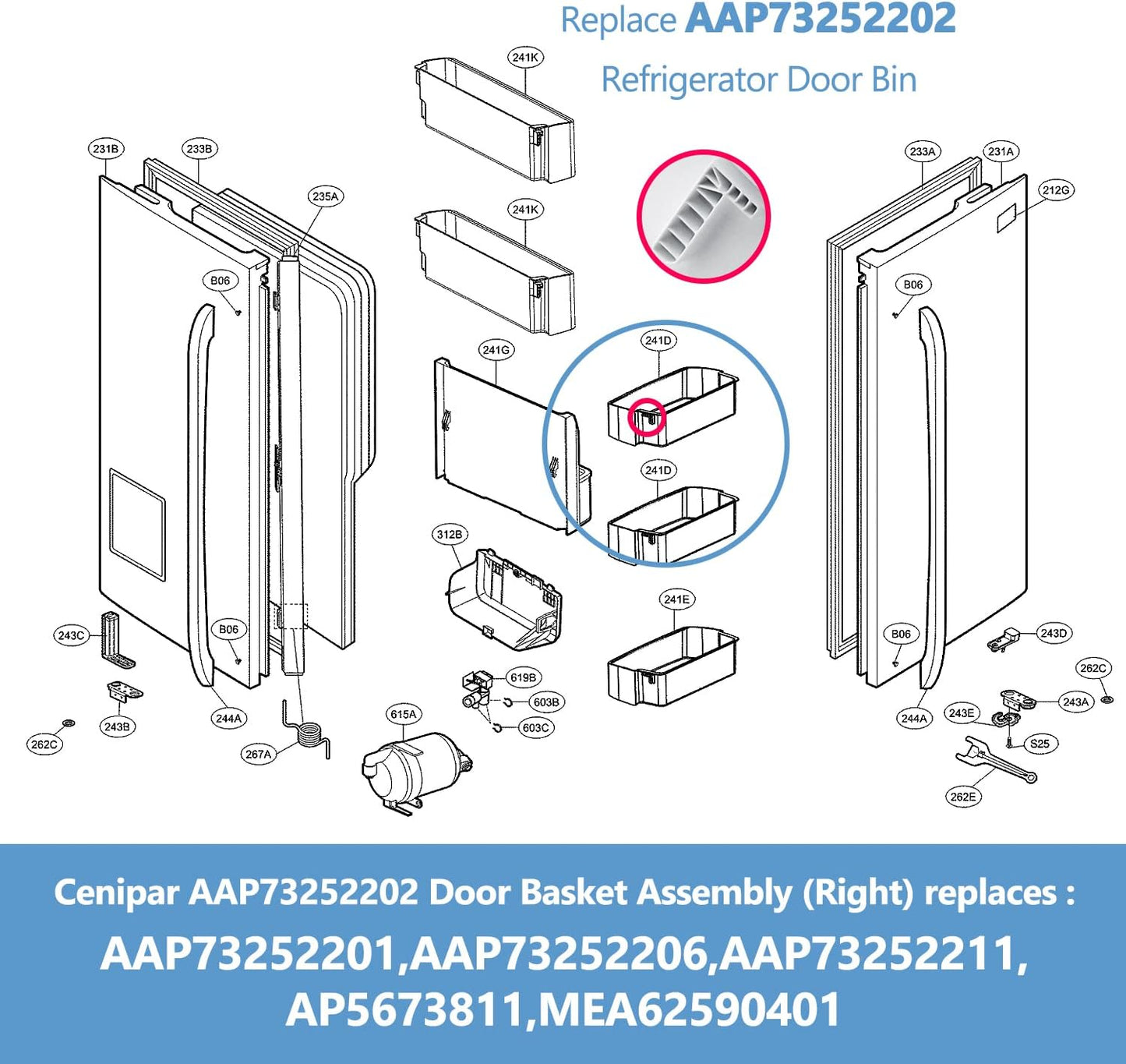 AAP73252202 AAP73252209 Poubelle De Rechange Pour Porte De Réfrigérateur LG Kenmore, Droite