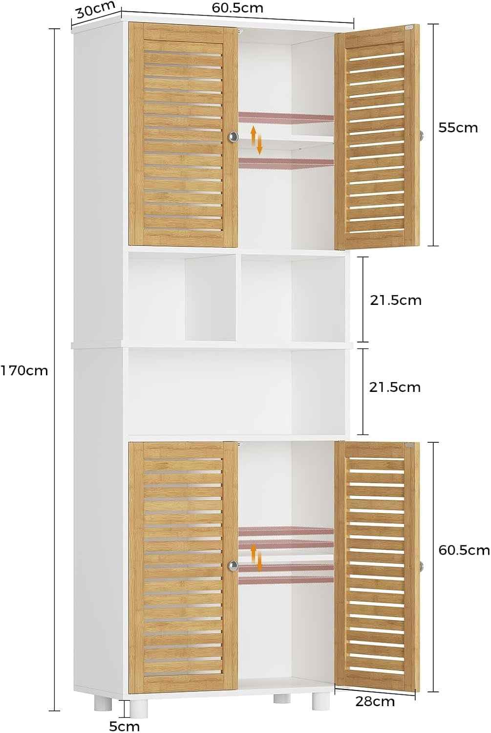 Meuble Colonne De Salle De Bain, Armoire Haute Cuisine Avec 3 Étagères Réglables Et Ouvertes, 4 Portes En Bambou, Meuble De Rangement Pour Salon, Cuisine, Salle De Bain, 60X30X170 Cm