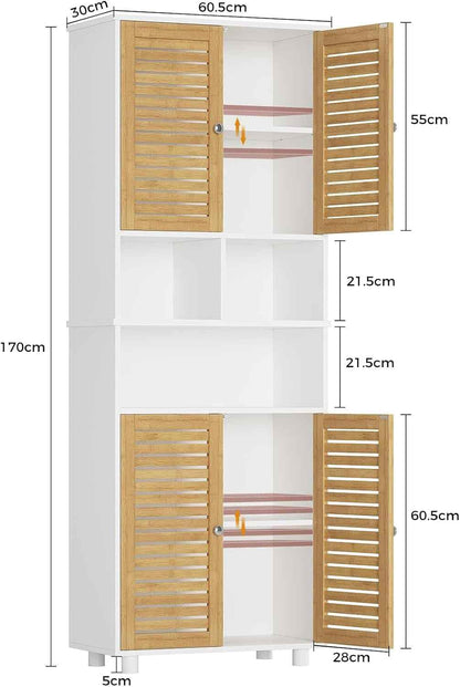 Meuble Colonne De Salle De Bain, Armoire Haute Cuisine Avec 3 Étagères Réglables Et Ouvertes, 4 Portes En Bambou, Meuble De Rangement Pour Salon, Cuisine, Salle De Bain, 60X30X170 Cm