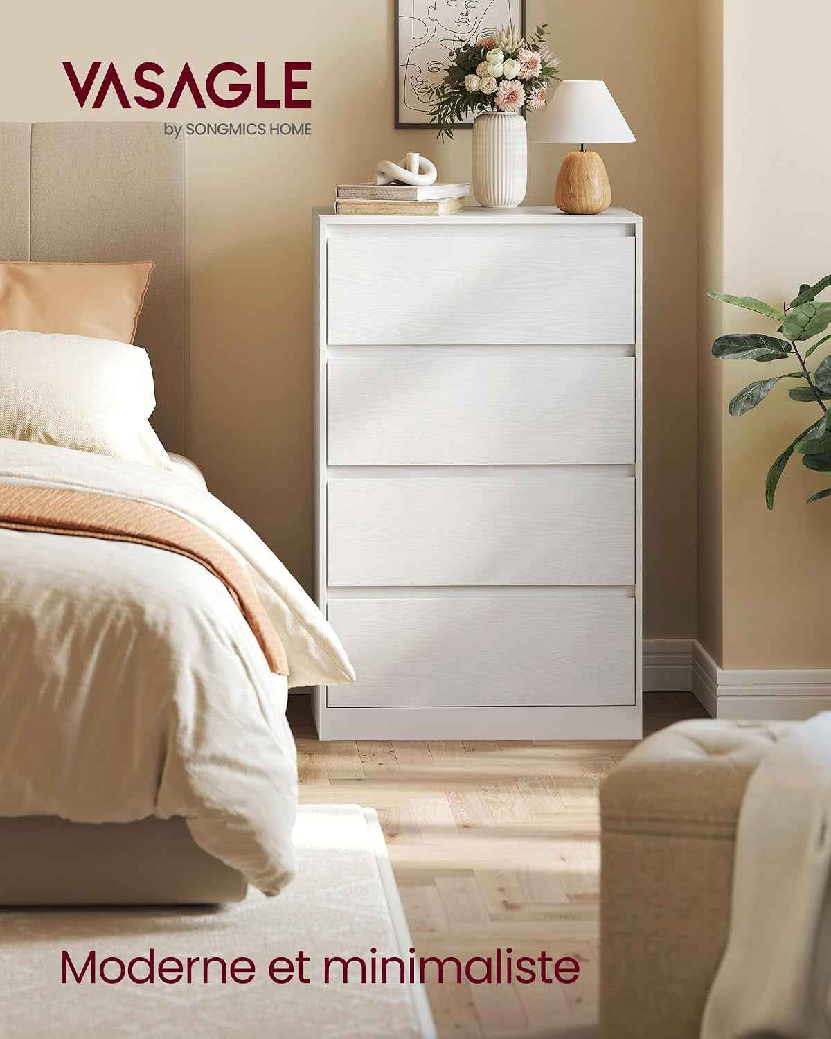 Kailyn Collection - Commode Chambre 4 Tiroirs, Armoire De Rangement, Meuble À Vêtements, 40 X 60 X 97,4 Cm, Style Moderne, Blanc Neige LTS614WE02V1