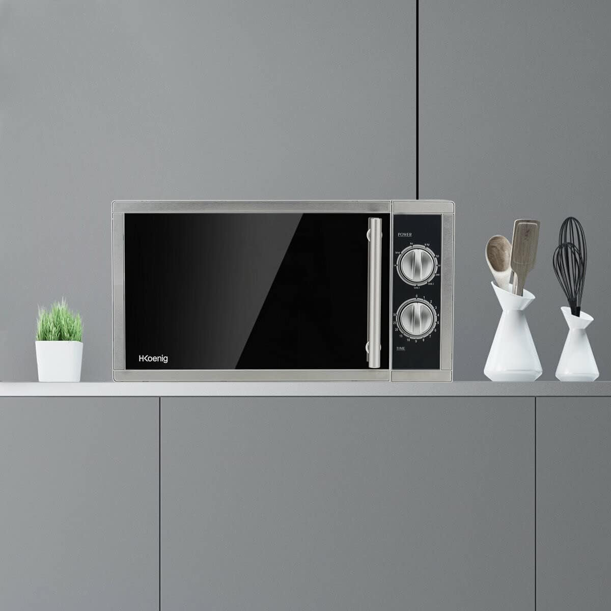 Four Micro-Ondes Grill 2 En 1 23L VIO7 1000W, Compact Plateau Tournant 27Cm, Multifonction 9 Programmes, Décongélation, Cuisson Combinée, Rapide, Minuterie 30Min, Effet Miroir Noir, Inox Argenté