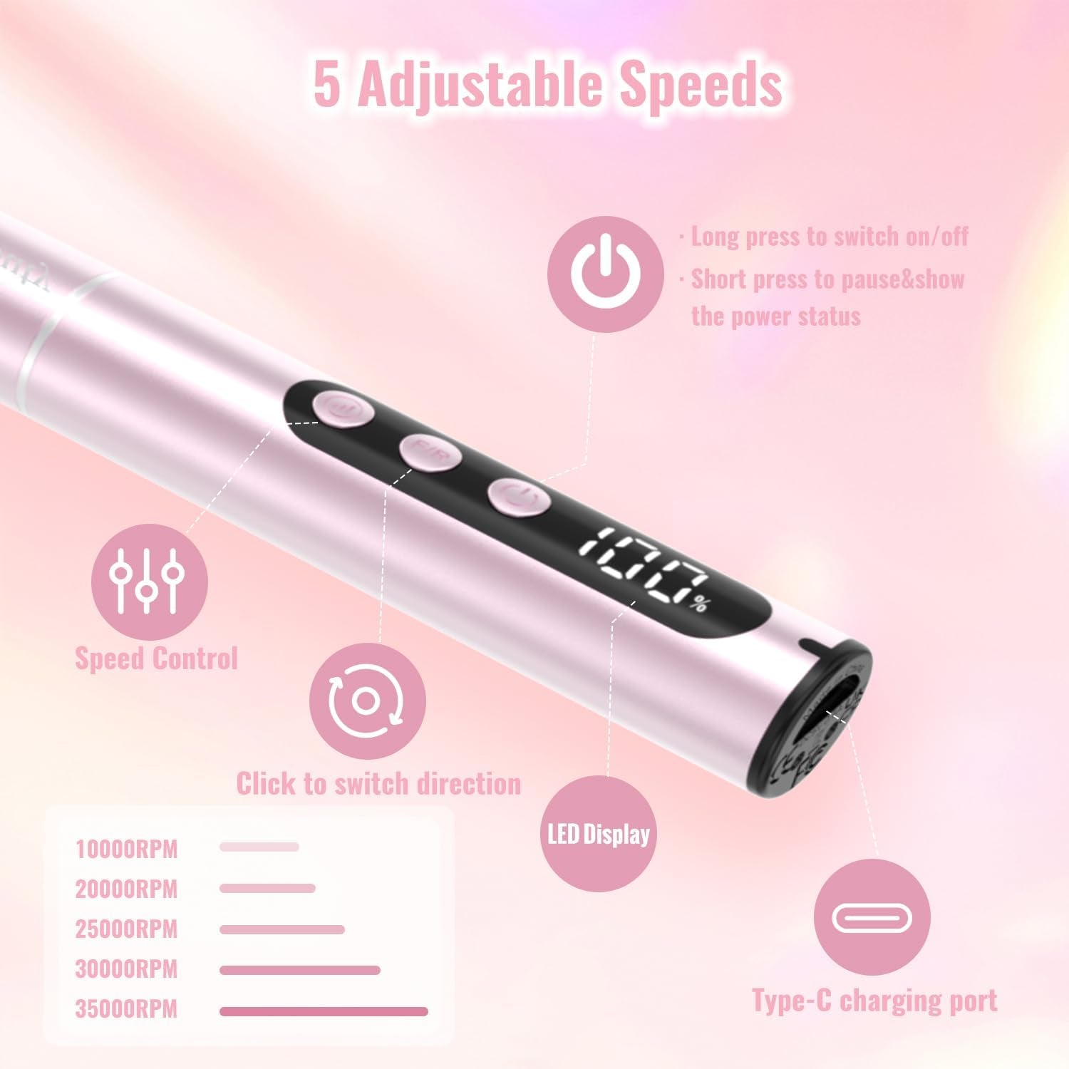 Ponceuse Pour Ongles Sans Fil 35000 Tr/Min Lime a Ongle Electrique | Professionnelle 12 En 1 Ponceuse À Ongles Avec Écran LCD, Portable Kit De Manucure Et Pédicure 5 Vitesse Réglable Rose