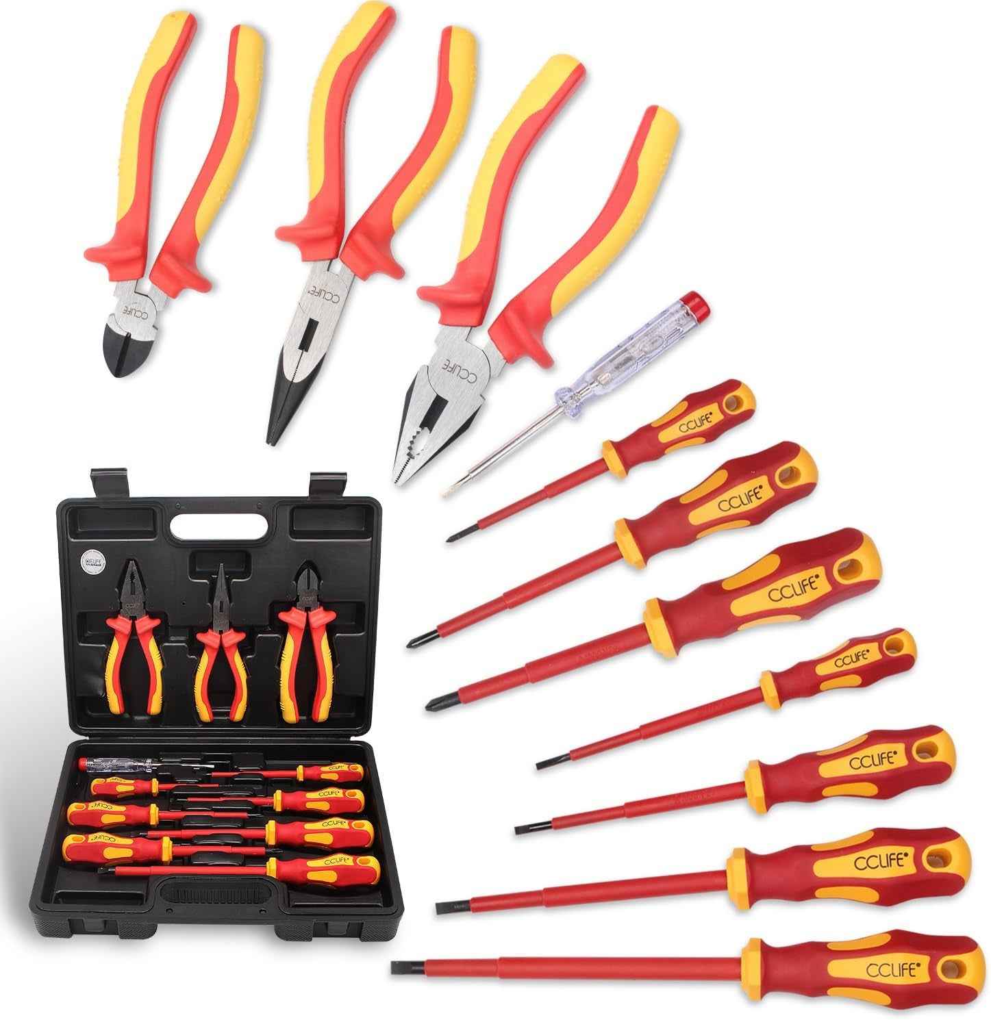 Jeu De 11Pcs VDE Tournevis Et Pinces Outils Électricien Isolé 1000V Avec Testeur De Tension, Coffret Tournevis Tête Plats Et PH Cruciformes, Poignée En Caoutchouc Antidérapante | Avec Testeur De Tension, Tournevis À Fente Et Phillips Ainsi Que Pinces VDE