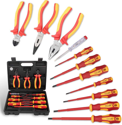 Jeu De 11Pcs VDE Tournevis Et Pinces Outils Électricien Isolé 1000V Avec Testeur De Tension, Coffret Tournevis Tête Plats Et PH Cruciformes, Poignée En Caoutchouc Antidérapante | Avec Testeur De Tension, Tournevis À Fente Et Phillips Ainsi Que Pinces VDE